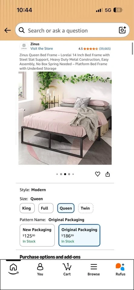 Zinus Queen Bed Frame + Queen size medium firm bamboo mattress - photo 2