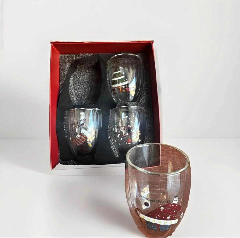 New Set of 8 Double Walled Glass Mugs Christmas Design