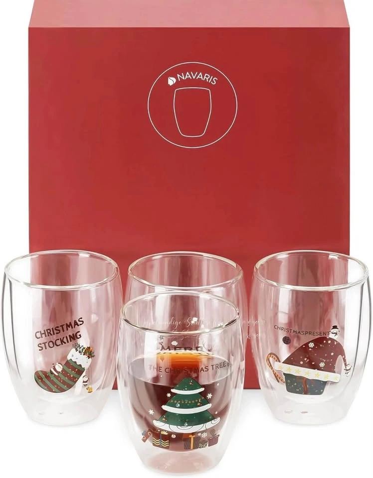 New Set of 8 Double Walled Glass Mugs Christmas Design - photo 2