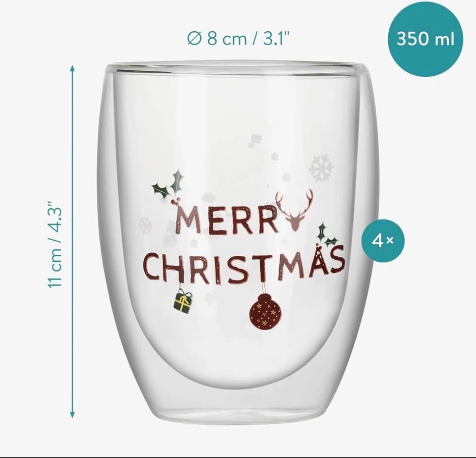 New Set of 8 Double Walled Glass Mugs Christmas Design - photo 3