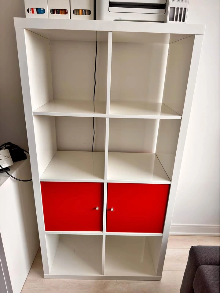 IKEA KALLAX 8-Cube Shelving Unit with 2 Red Door Inserts