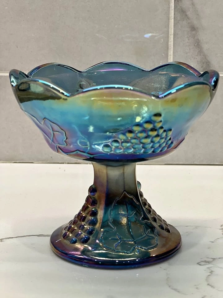Vintage Blue Carnival Glass Harvest Grape Pedestal Dish