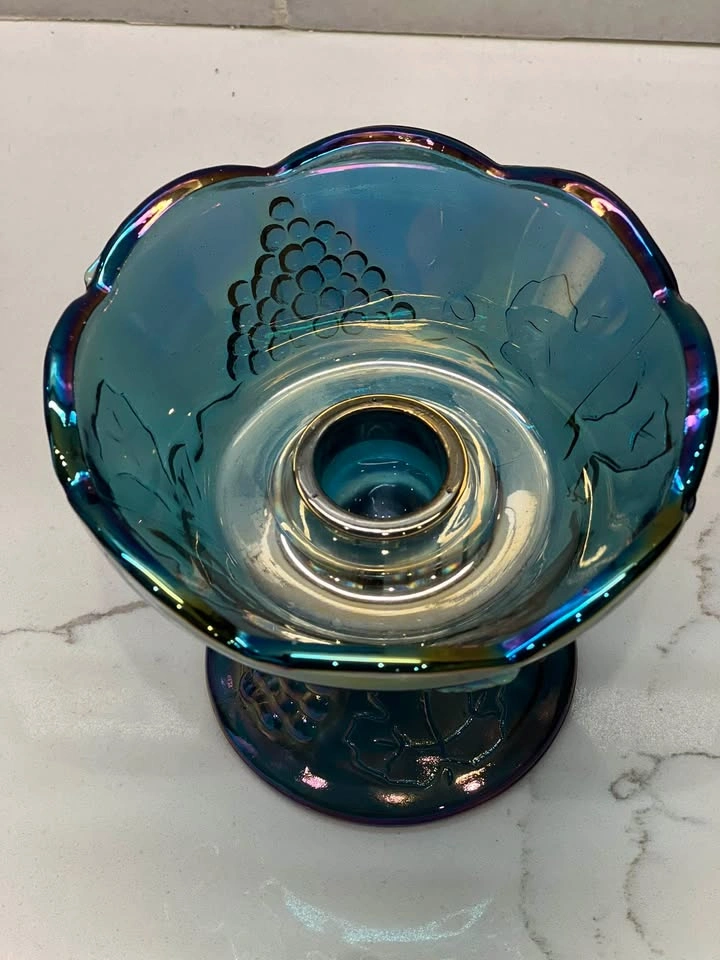 Vintage Blue Carnival Glass Harvest Grape Pedestal Dish - photo 2