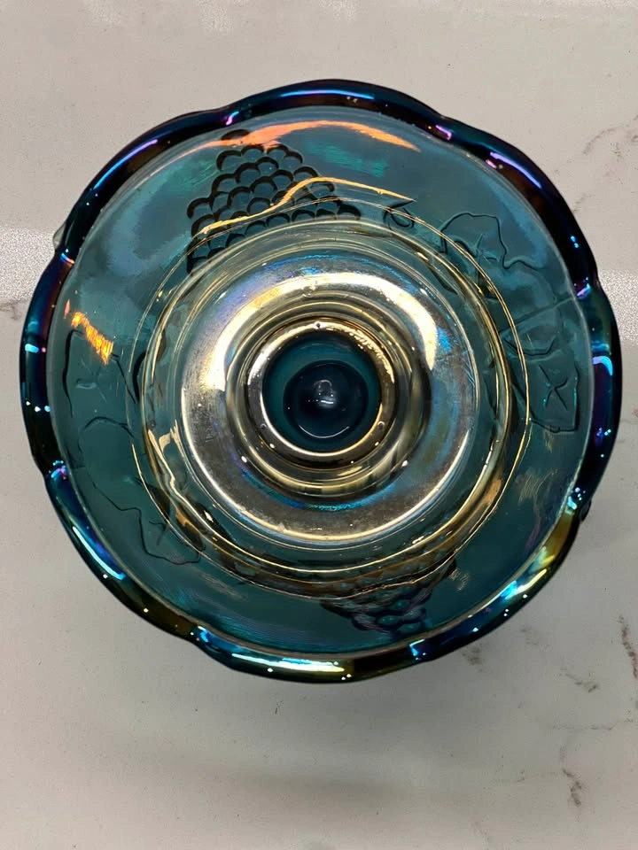 Vintage Blue Carnival Glass Harvest Grape Pedestal Dish - photo 3