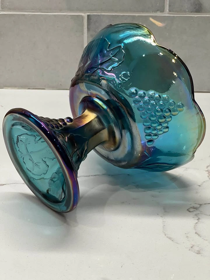 Vintage Blue Carnival Glass Harvest Grape Pedestal Dish - photo 4