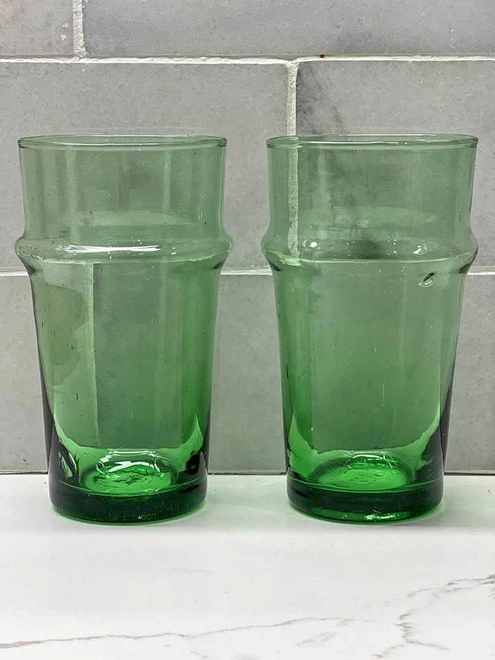 Pair of Handblown Moroccan Beldi Green Glass Tumblers (Set of 2)