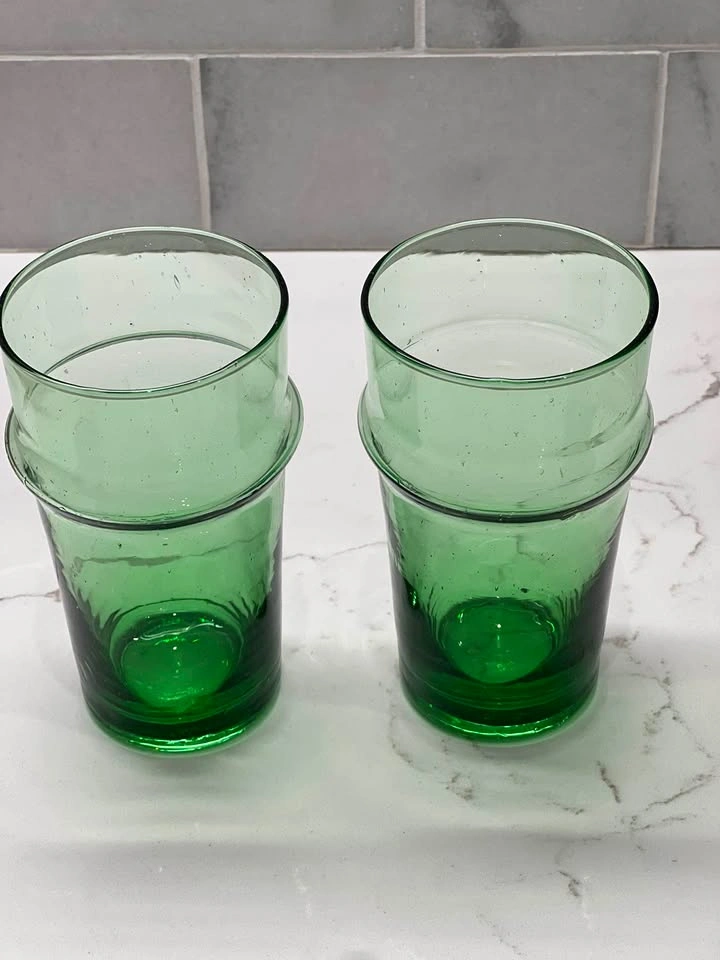 Pair of Handblown Moroccan Beldi Green Glass Tumblers (Set of 2) - photo 2