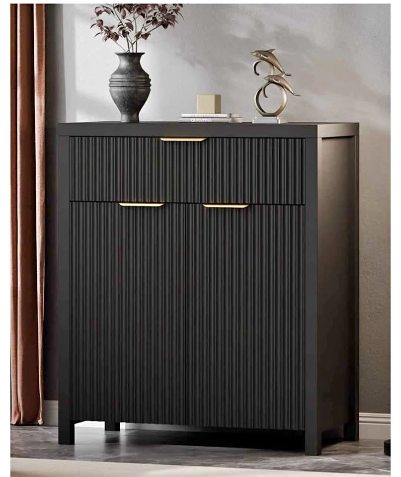 Black Fluted Sideboard Storage Cabinet with Gold Handles
