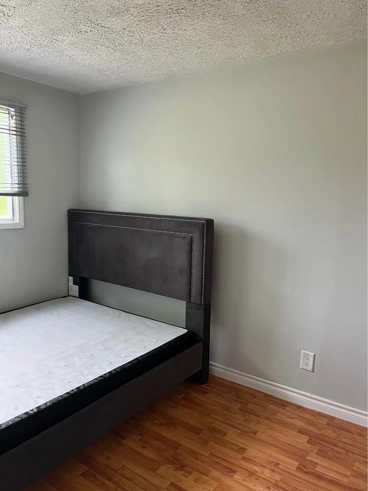 Dark Upholstered Bed Frame w Studded Headboard