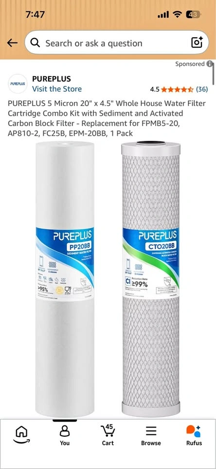 PUREPLUS 5 Micron 20" x 4.5" Whole House Water Filter Kit
