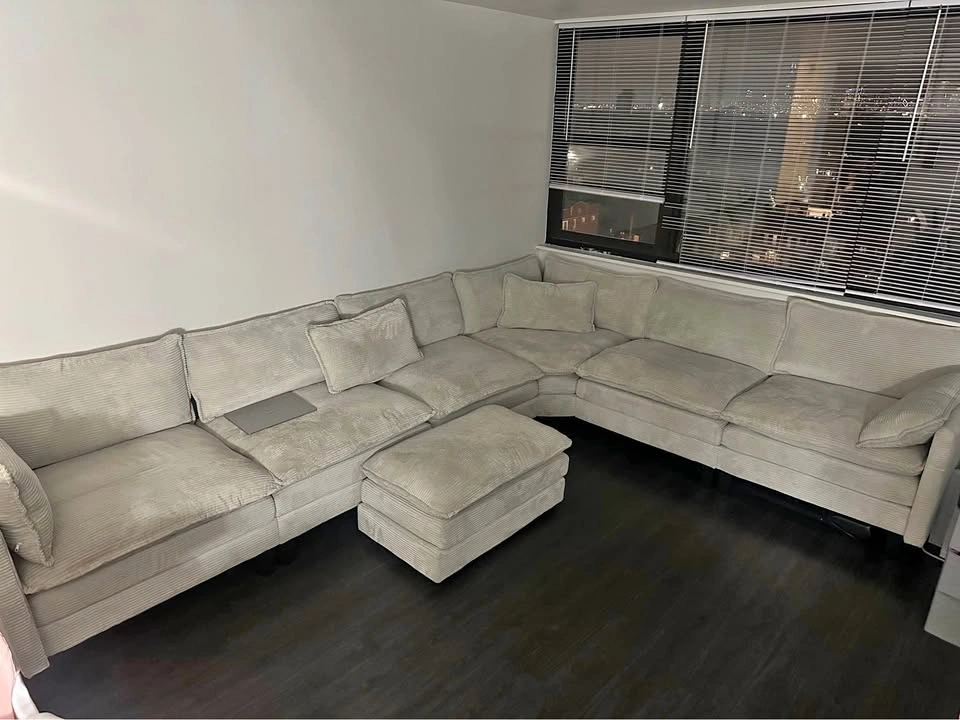 Cream Corduroy Sectional Sofa with Ottoman