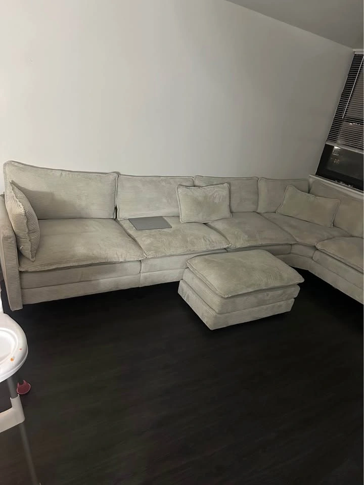 Cream Corduroy Sectional Sofa with Ottoman - photo 2