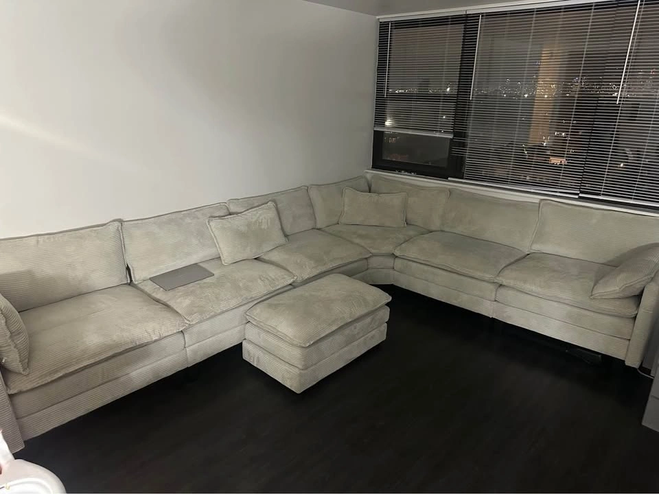 Cream Corduroy Sectional Sofa with Ottoman - photo 3