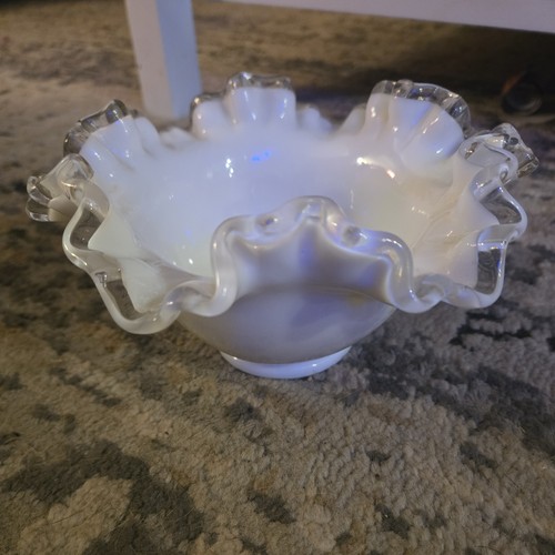 Vintage Fenton Silver Crest Milk Glass Ruffled Bowl