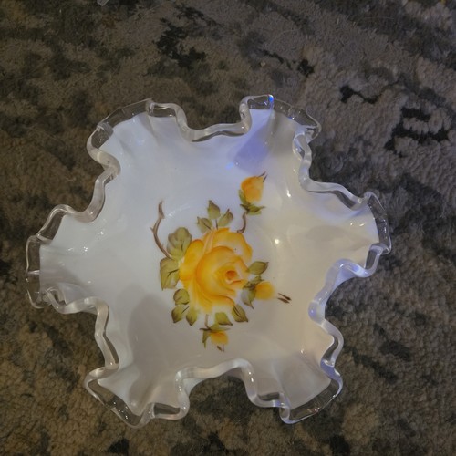 Vintage Fenton Silver Crest Milk Glass Ruffled Bowl Yellow Rose