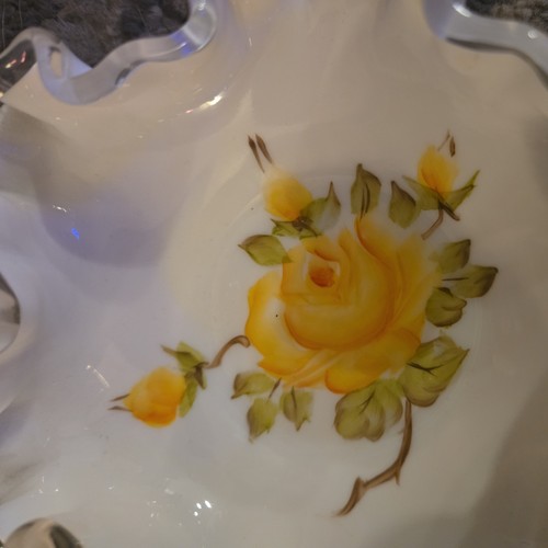 Vintage Fenton Silver Crest Milk Glass Ruffled Bowl Yellow Rose - photo 5