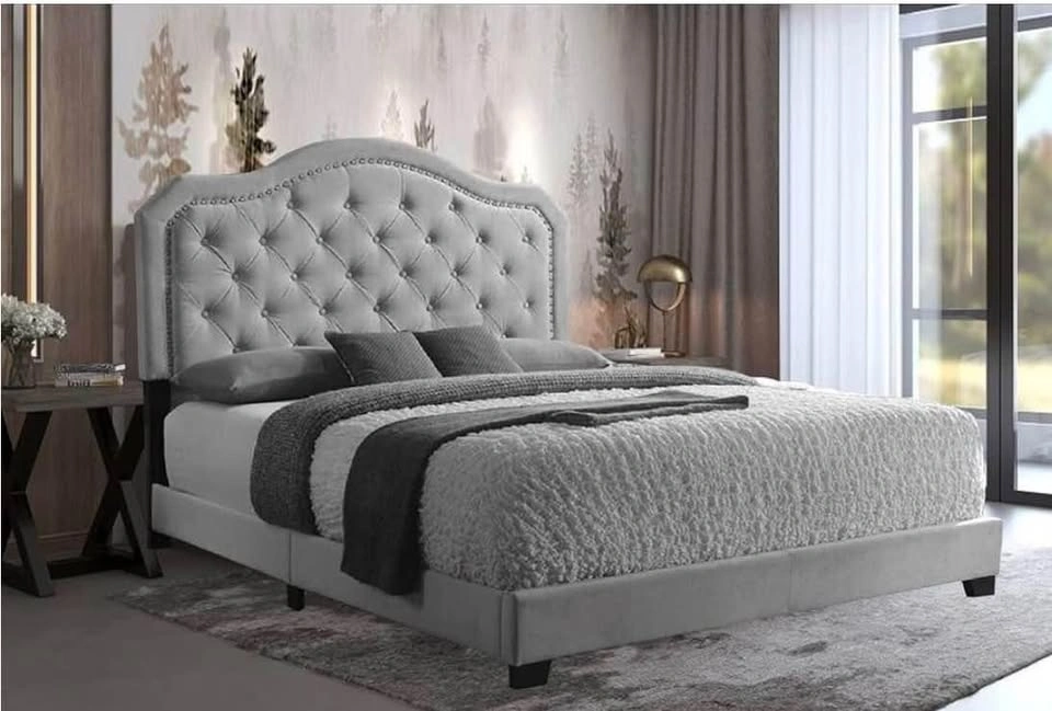 Grey Upholstered Queen Bed Frame with Boxspring & Mattress