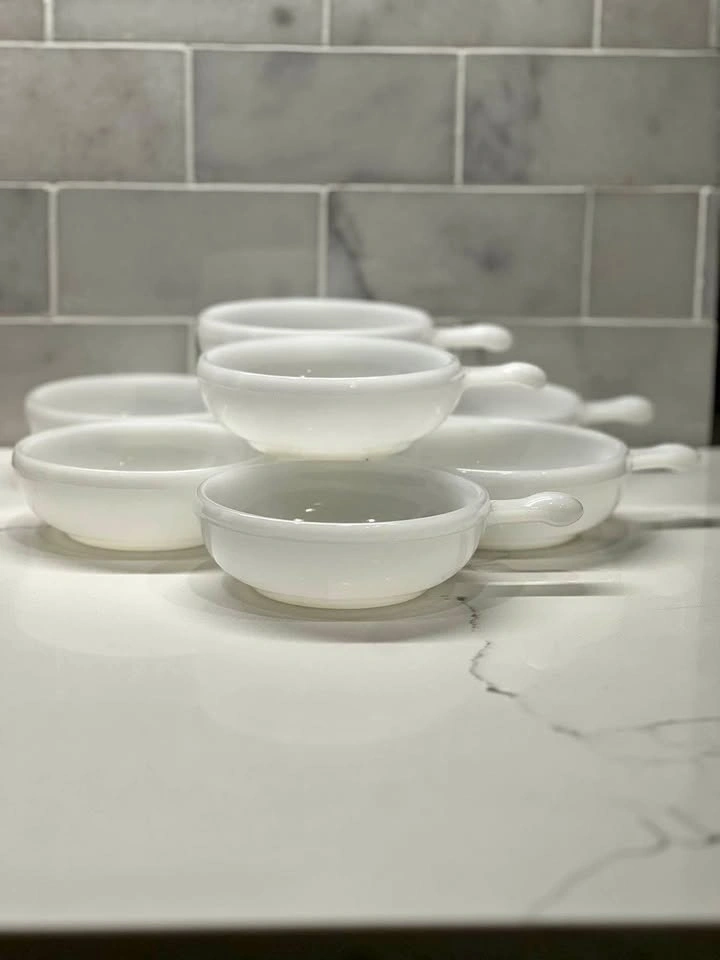 Set of 7 Vintage Glasbake White Milk Glass Handled Soup Bowls