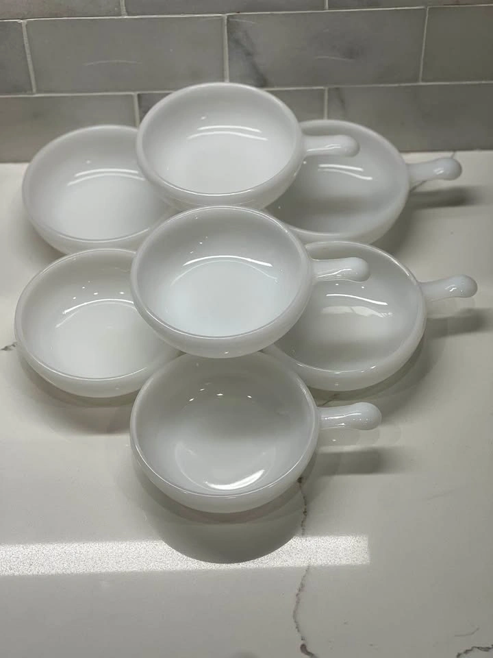 Set of 7 Vintage Glasbake White Milk Glass Handled Soup Bowls - photo 2