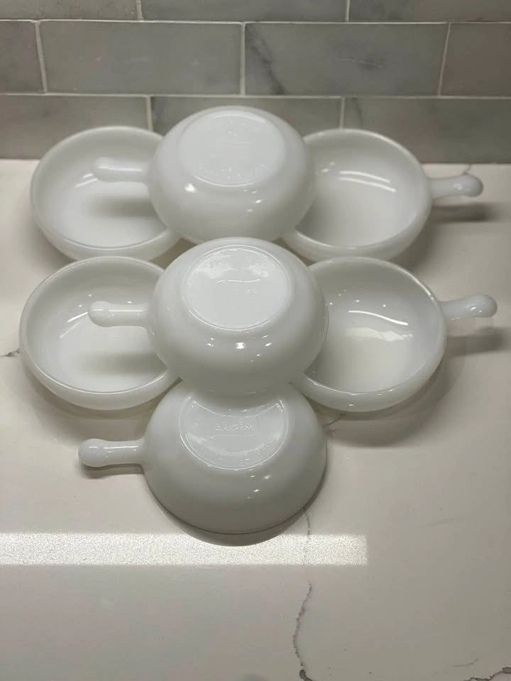 Set of 7 Vintage Glasbake White Milk Glass Handled Soup Bowls - photo 3
