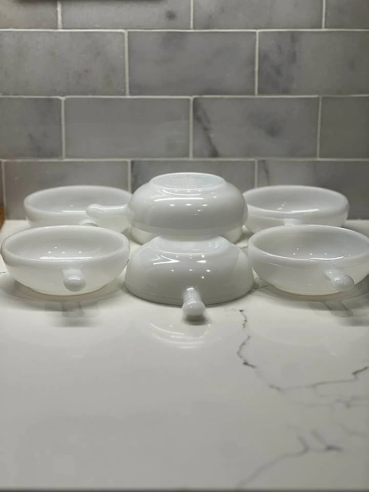Set of 7 Vintage Glasbake White Milk Glass Handled Soup Bowls - photo 5