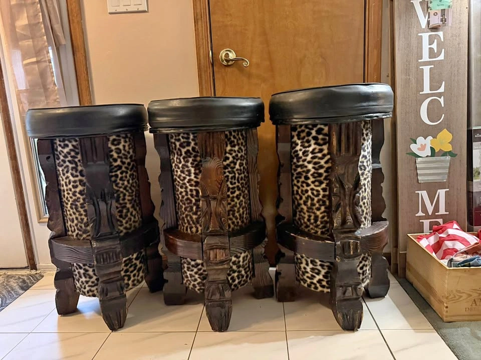 Set of 3 Vintage Tiki Style Leopard Print Bar Stools