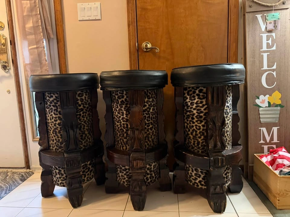 Set of 3 Vintage Tiki Style Leopard Print Bar Stools - photo 2