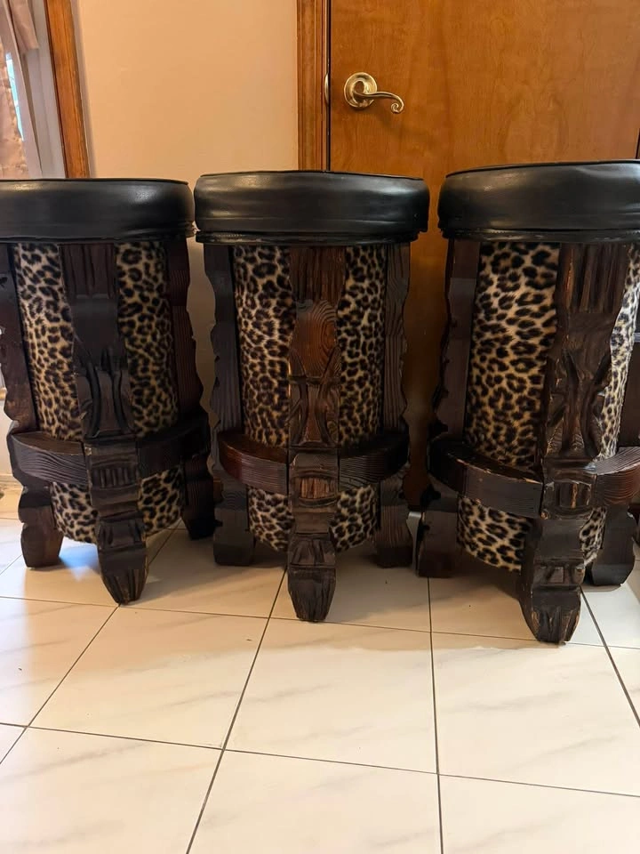 Set of 3 Vintage Tiki Style Leopard Print Bar Stools - photo 3