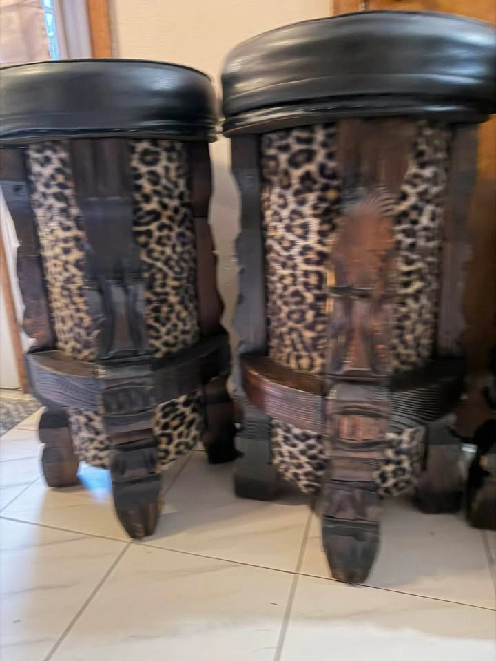 Set of 3 Vintage Tiki Style Leopard Print Bar Stools - photo 4