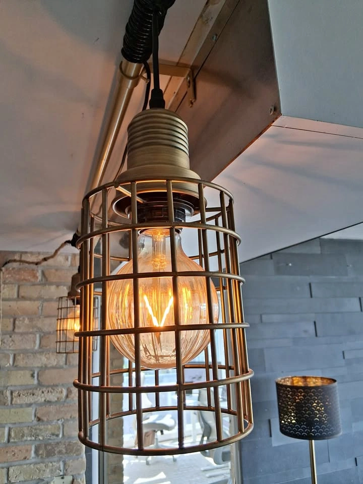 Plug In Pendant Lights - Gold Cage - Two Available