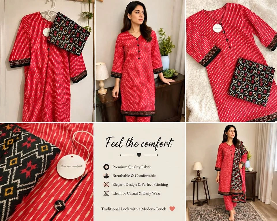 Indian & Pakistani Red and Black Ikat Salwar Kameez Suit