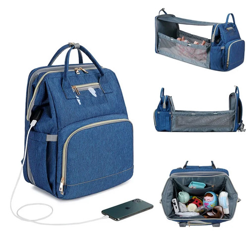 USB Diaper Bag Backpack with Foldable Sunshade Crib