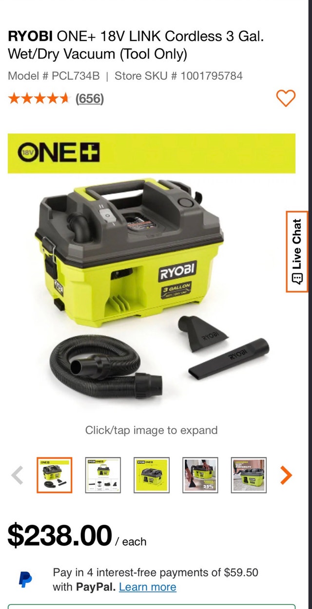 Ryobi 3 gal wet/dry cordless shop vac with battery/charger