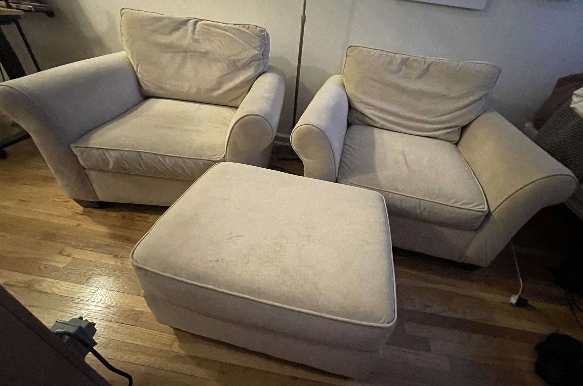2 Pottery Barn Comfort Roll Grand Armchairs and Ottoman