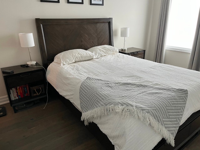 Wood storage bed (queen) and 2 nightstands