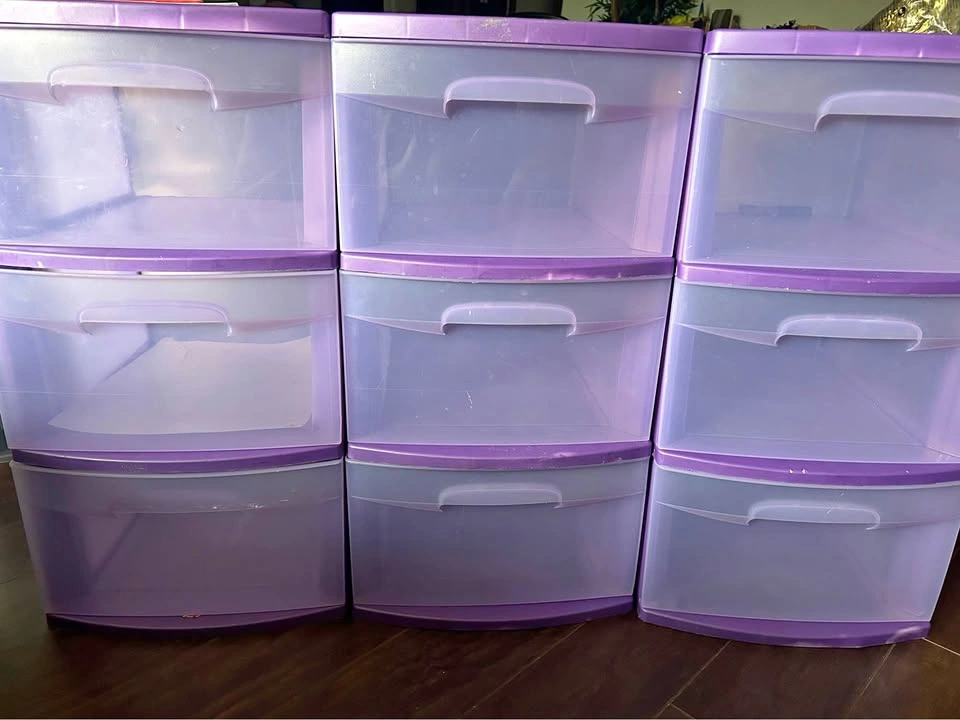 3 Purple 3-Drawer Plastic Storage Units – 9 Drawers Total