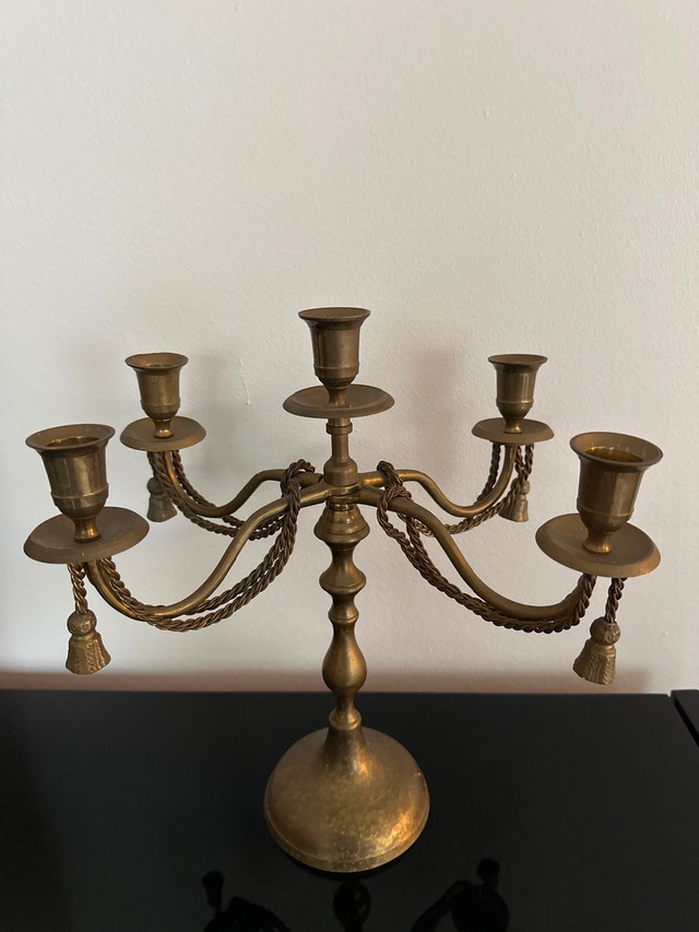 Vintage Brass 5-Arm Candelabra with Rope and Tassel Details