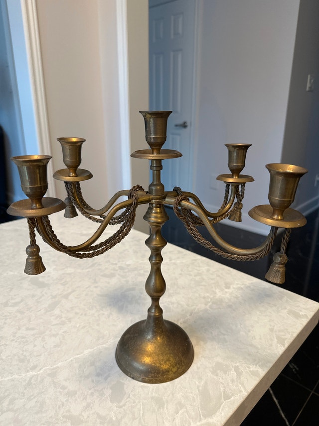 Vintage Brass 5-Arm Candelabra with Rope and Tassel Details - photo 2