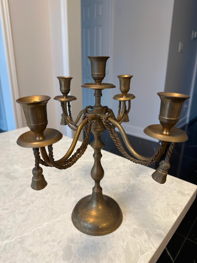 Vintage Brass 5-Arm Candelabra with Rope and Tassel Details - photo 3