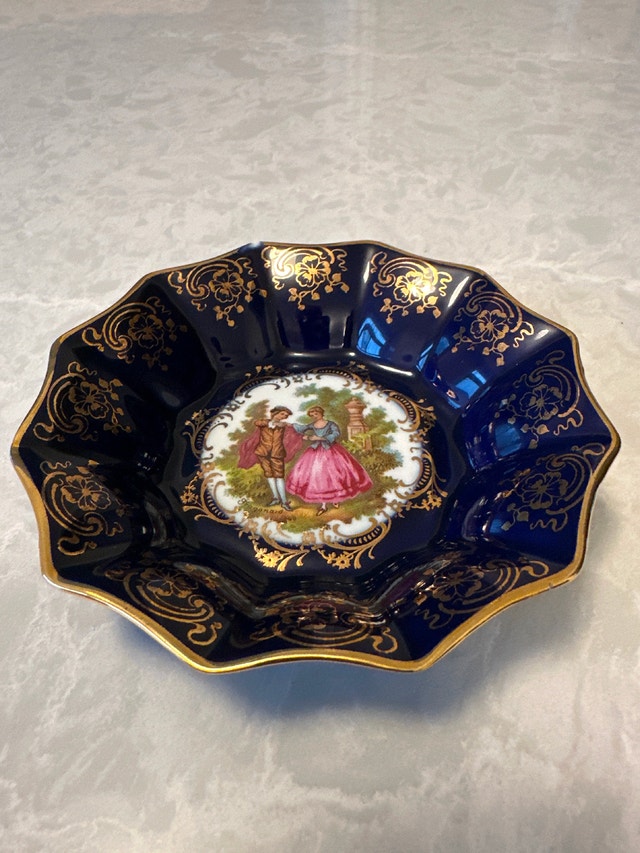 Vintage Limoges porcelain cobalt blue and gold dish