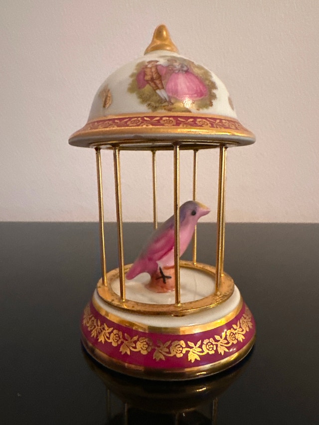 VTG French Limoges porcelain miniature bird-in-a-cage figurine
