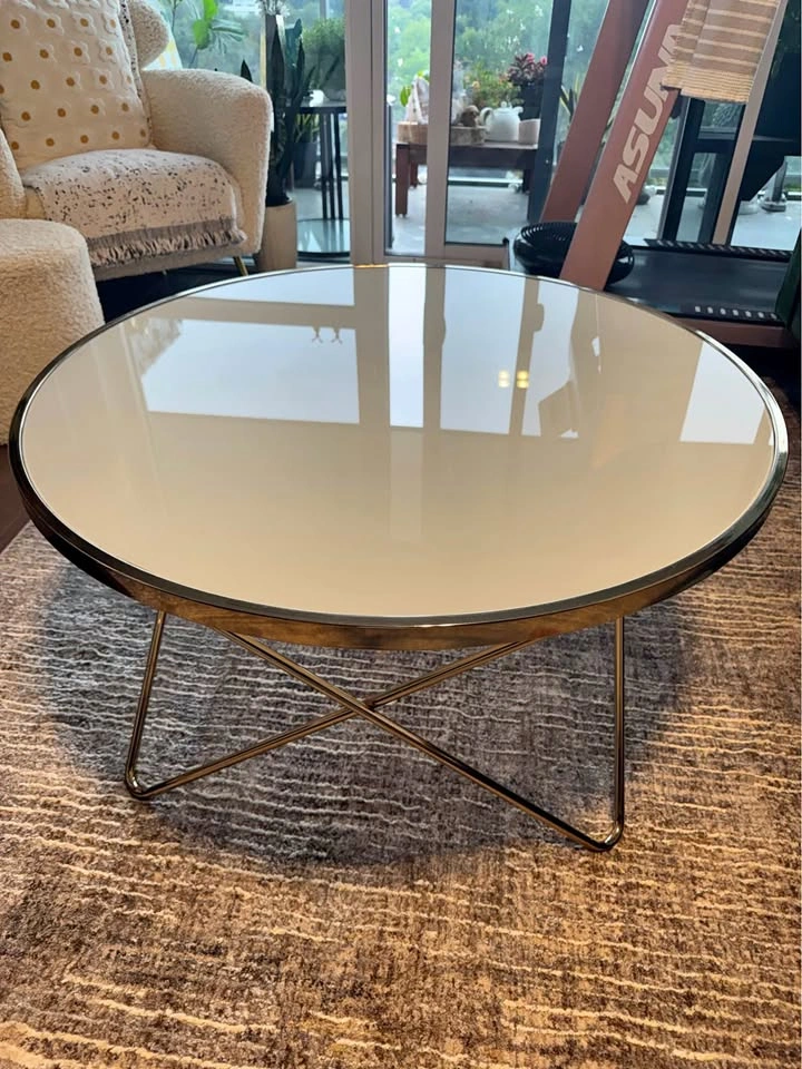 MOVING SALE: Tempered glass on brass colored frame table