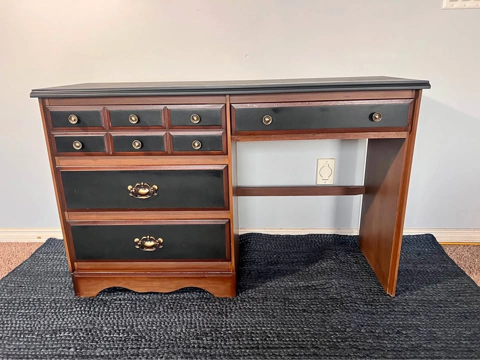 Vintage Wood Desk – New Black Paint, 4 Drawers, Brass Pulls