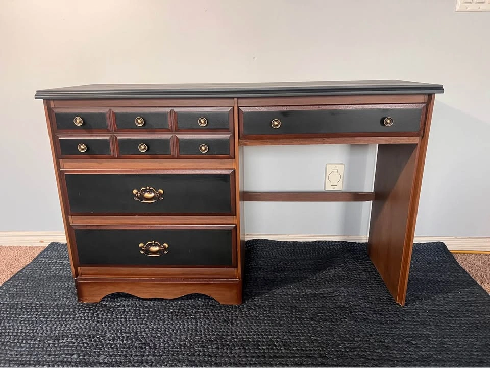 Vintage Wood Desk – New Black Paint, 4 Drawers, Brass Pulls - photo 2