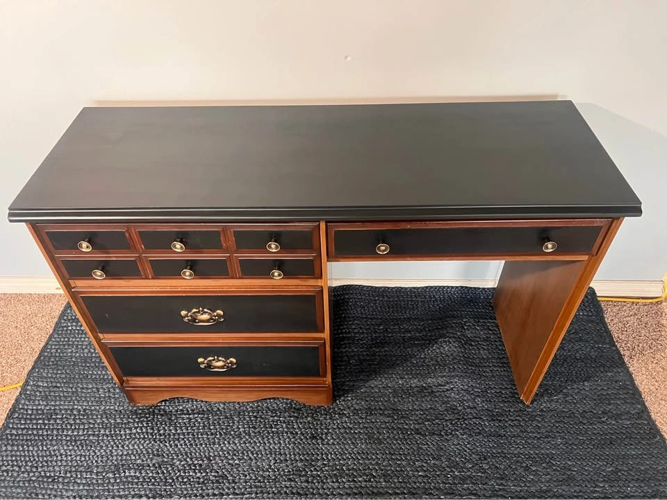 Vintage Wood Desk – New Black Paint, 4 Drawers, Brass Pulls - photo 3