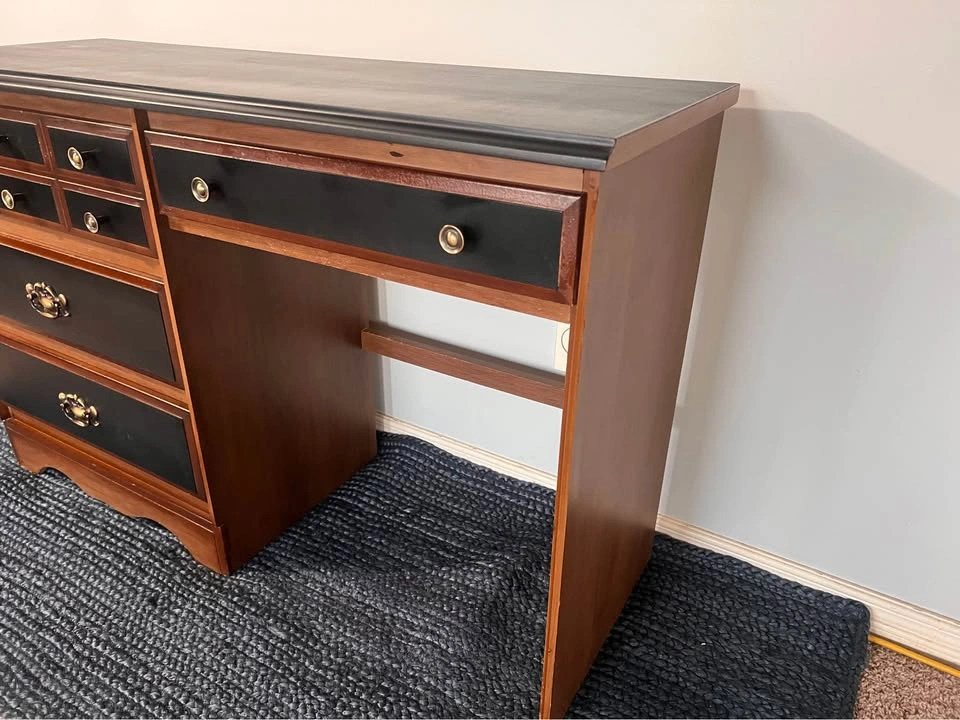 Vintage Wood Desk – New Black Paint, 4 Drawers, Brass Pulls - photo 4