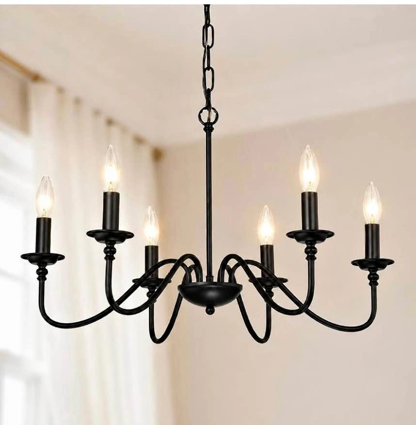 6-Light Black Farmhouse Chandelier – Candle Style Ceiling Light,