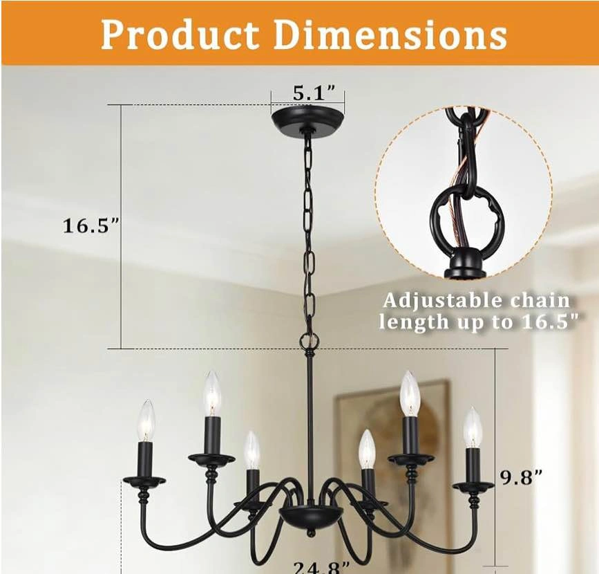 6-Light Black Farmhouse Chandelier – Candle Style Ceiling Light, - photo 3