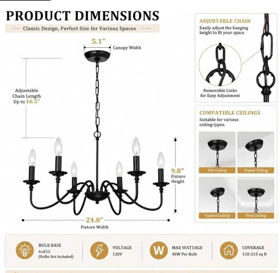 6-Light Black Farmhouse Chandelier – Candle Style Ceiling Light, - photo 4