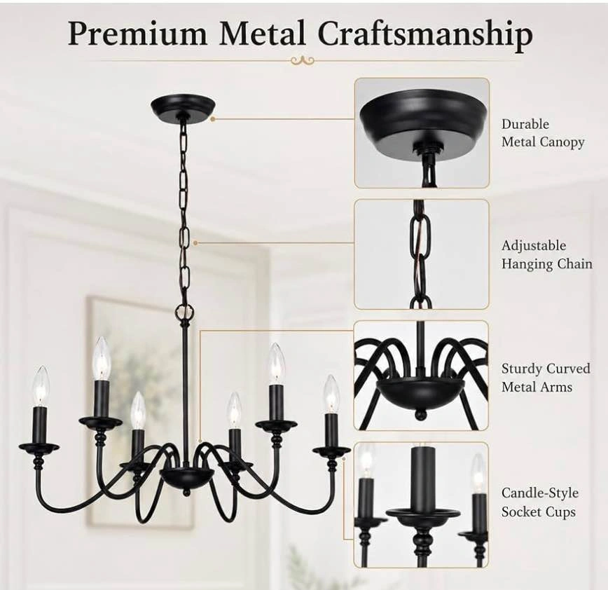 6-Light Black Farmhouse Chandelier – Candle Style Ceiling Light, - photo 5